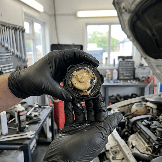 The "milkshake test" — frothy, light-brown residue under the oil cap means coolant is mixing with engine oil. That's a blown head gasket. This car is a candidate for scrap, not repair.