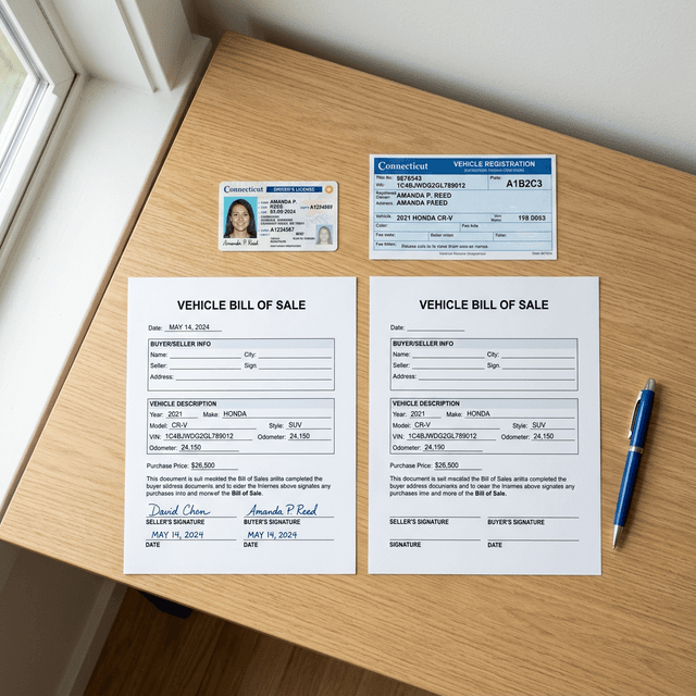 Photo ID and vehicle registration are the two documents that do most of the work when you don't have a title.