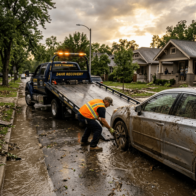 Flatbed tow truck recovering a car from a muddy, flooded driveway