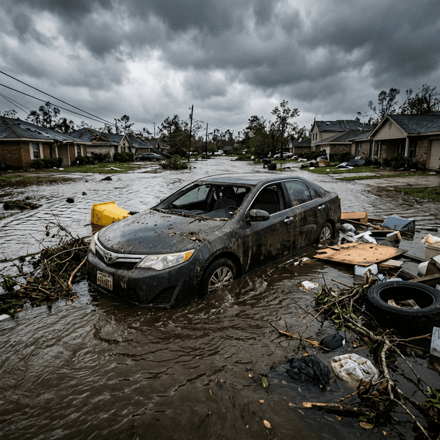 Car submerged halfway up the doors after a major flood