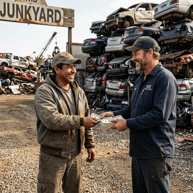 A junk car owner receiving cash at pickup after signing a bill of sale