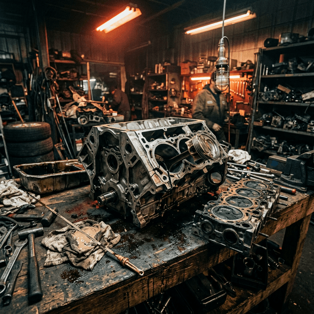 Disassembled blown engine block on a workbench at a salvage yard, showing cracked cylinder and oil damage