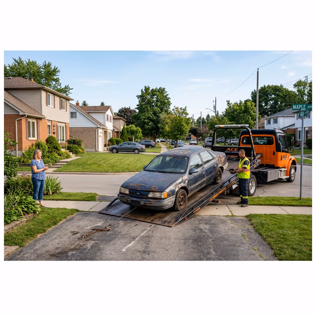 A flatbed tow truck loading a non-running junk car for free removal