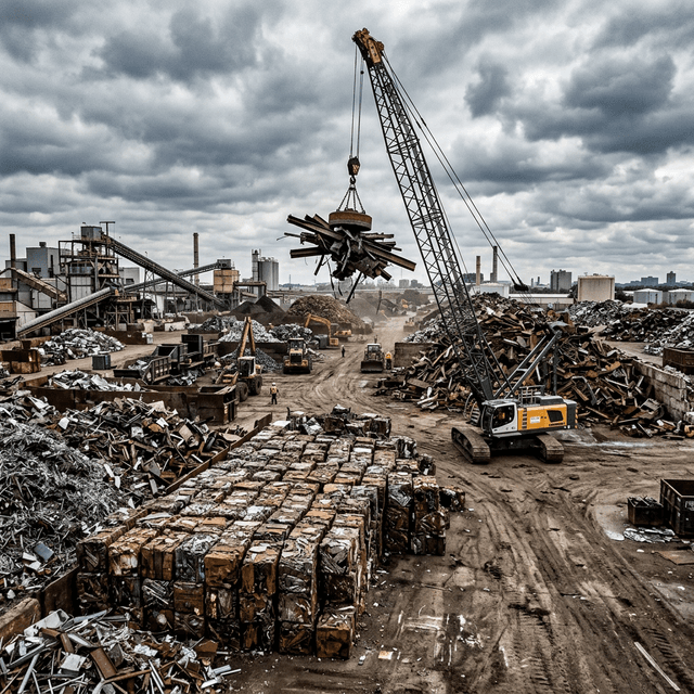 Sorted bales of scrap metal — steel, copper, and aluminum — at a recycling yard