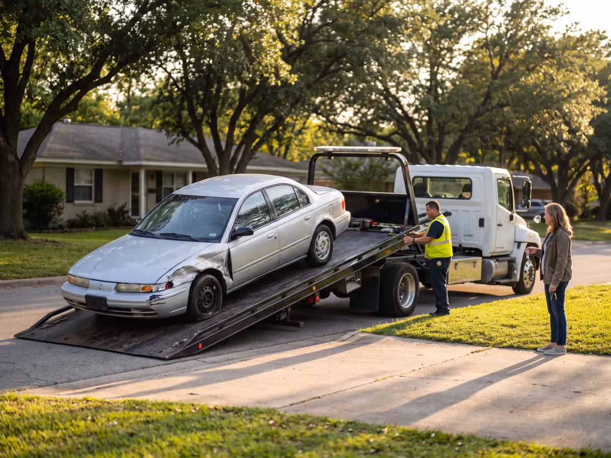 A flatbed tow truck loading an older silver sedan in a suburban driveway