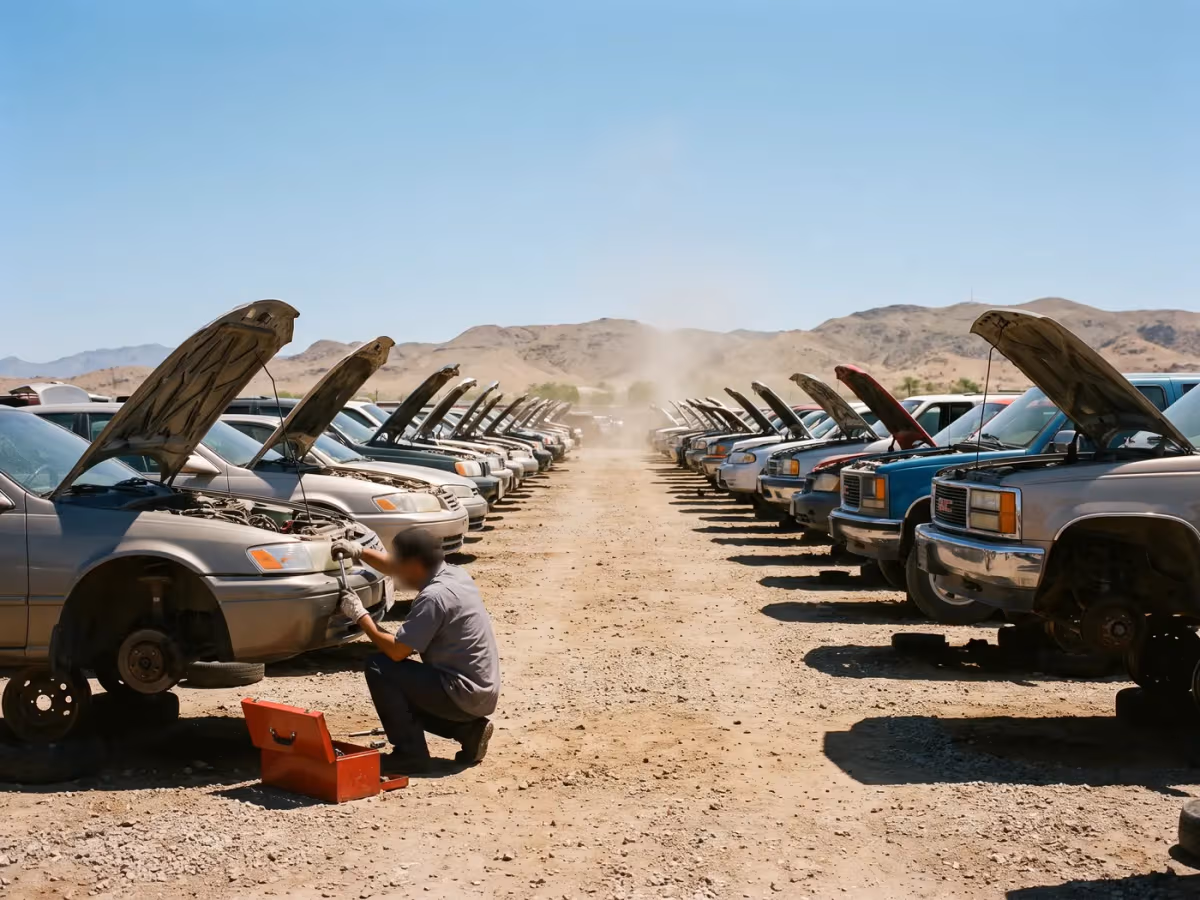 Rows of cars raised on wheel stands at a self-service junkyard while a customer removes a part with a socket wrench