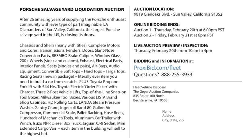 LA Los Angeles Dismantler - Porsche Parts 911 Boxster Cayman Shipping Worldwide 20+ Years at 9819 Glenoaks Blvd, Sun Valley, CA 91352