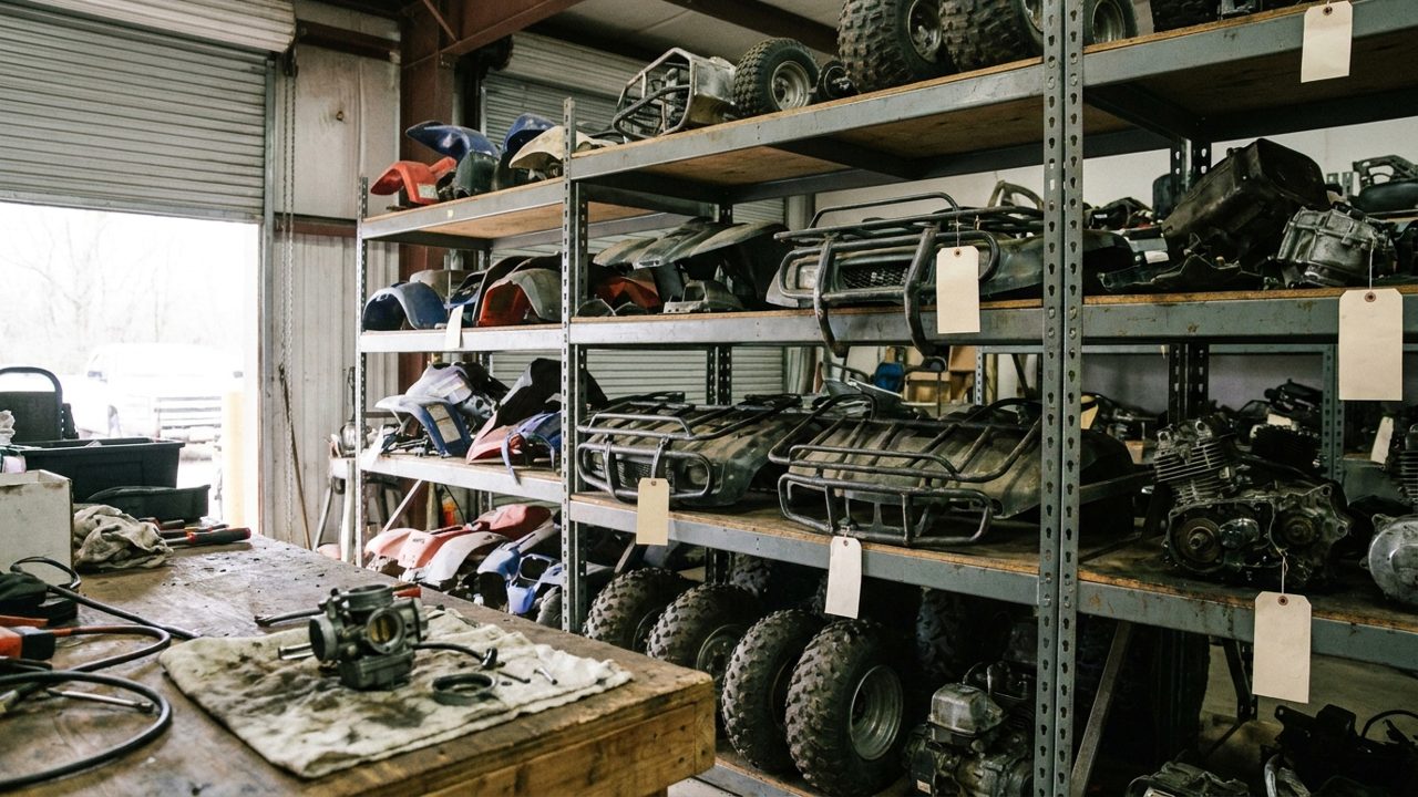 Steel shelves in a powersports dismantler holding used ATV plastic fenders, cargo racks and small knobby wheels, with a carburetor on a workbench in front