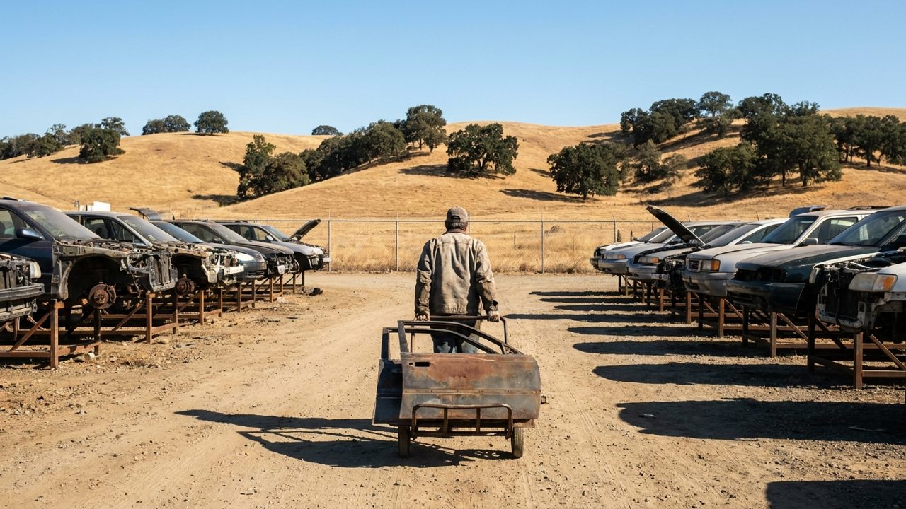 A person seen from behind pulling a hand cart loaded with a used car door down a row of cars at a self-service salvage yard below dry golden hills