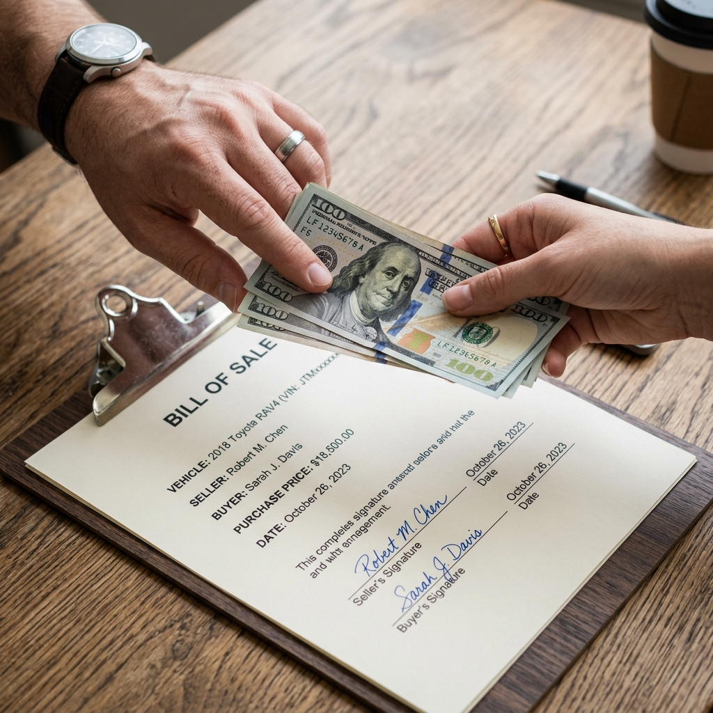 Close-up photorealistic shot of cash bills being exchanged between two hands over a clean, signed 'Bill of Sale' document on a clipboard.