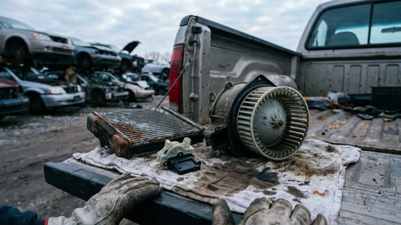 A used heater core, a blower motor and a small blend door actuator laid on a shop rag on a pickup tailgate at a salvage yard on a cold morning