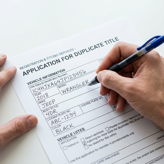 Hand filling out an Application for Duplicate Title form showing VIN, year, make and model fields