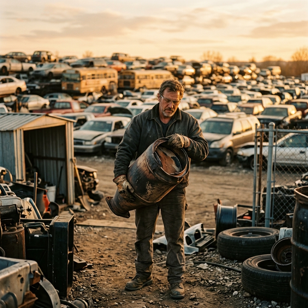 Salvage yard worker carrying a used catalytic converter through rows of junkyard vehicles at golden hour
