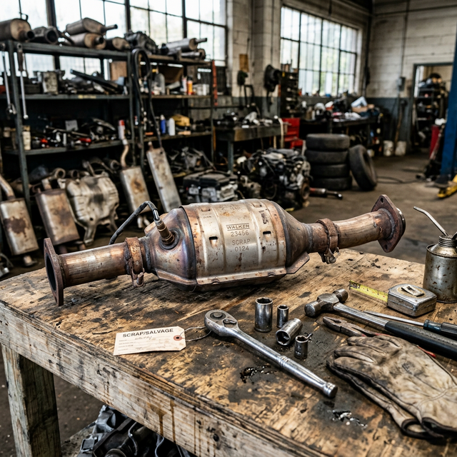 Catalytic converter sitting on a junkyard workbench surrounded by tools