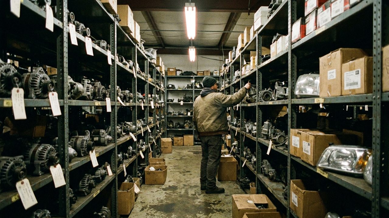 A worker pulling a tagged used part from steel racks in an indoor auto parts warehouse