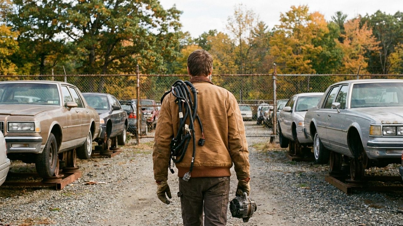 A person seen from behind carrying a coiled car wiring harness and an alternator past rows of cars at a salvage yard in autumn