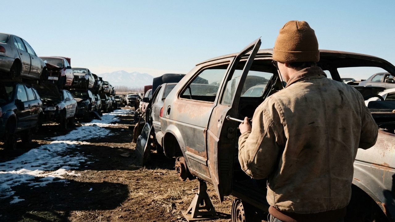 A customer in a knit hat unbolting a door from a hatchback on stands in a Colorado salvage yard, with mountains faint in the distance