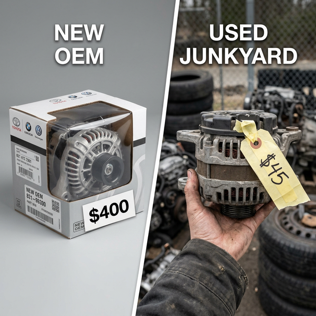 Side-by-side comparison: new OEM alternator in dealer packaging with a $400 price tag vs. the same alternator at a junkyard with a $45 tag