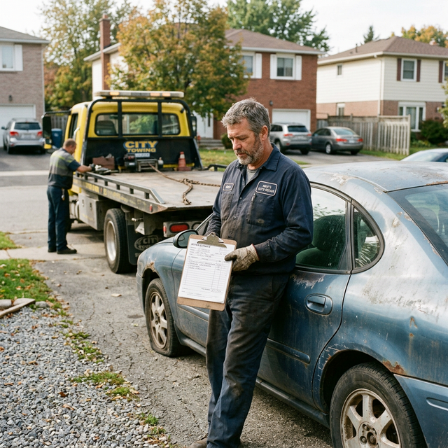 Mechanic holding a clipboard with a repair estimate, standing next to a worn-out sedan with a flatbed tow truck in the background