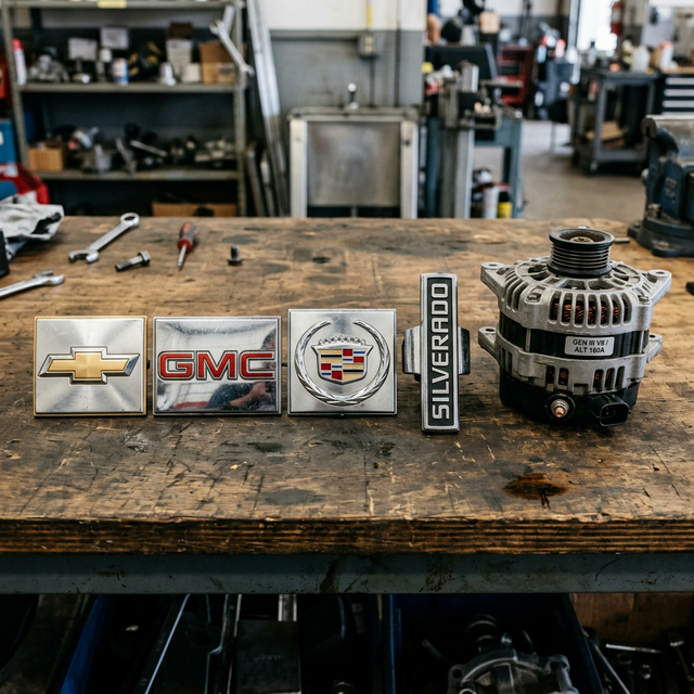 Chevy, GMC, Cadillac, and Silverado badges lined up on a workbench next to a single alternator — all four vehicles use the same part