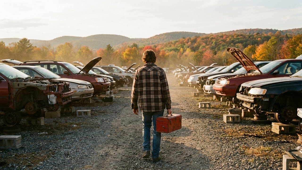 A customer seen from behind carrying a red toolbox down a gravel lane between rows of salvage cars, with low wooded hills in autumn colour behind