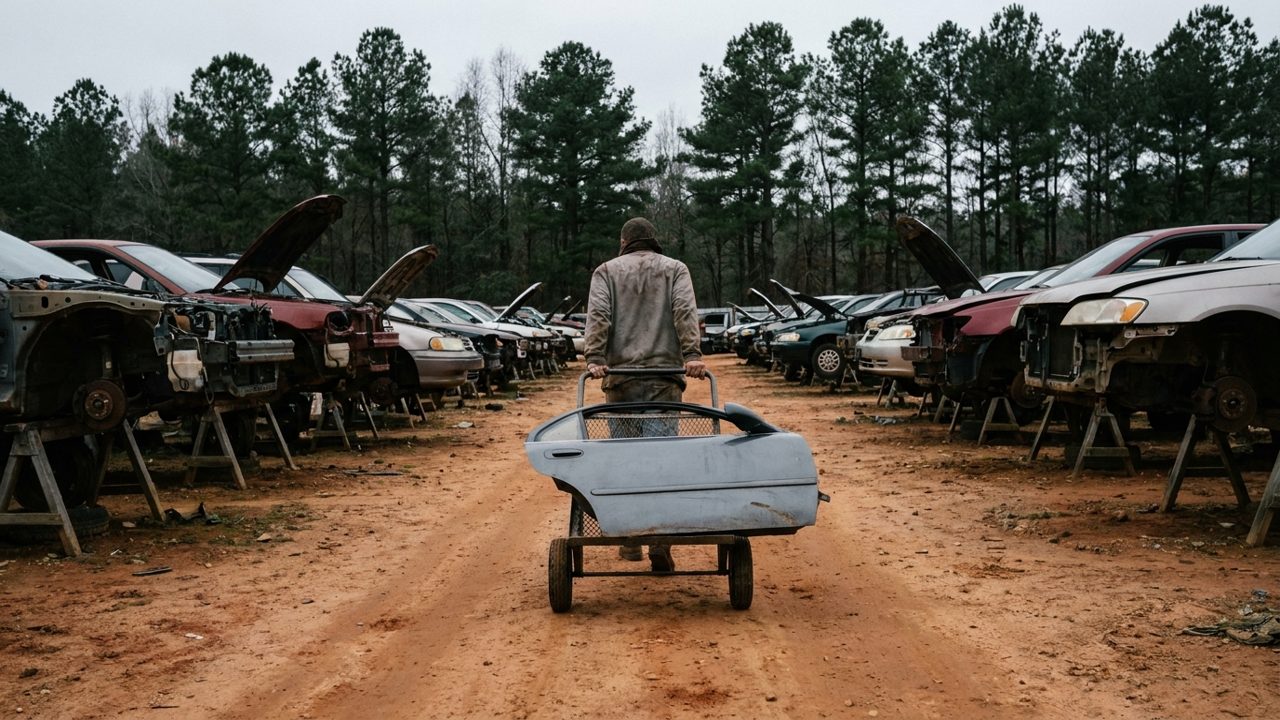 A customer seen from behind pushing a yard cart with a car door on it between rows of cars on stands, with tall pine trees behind