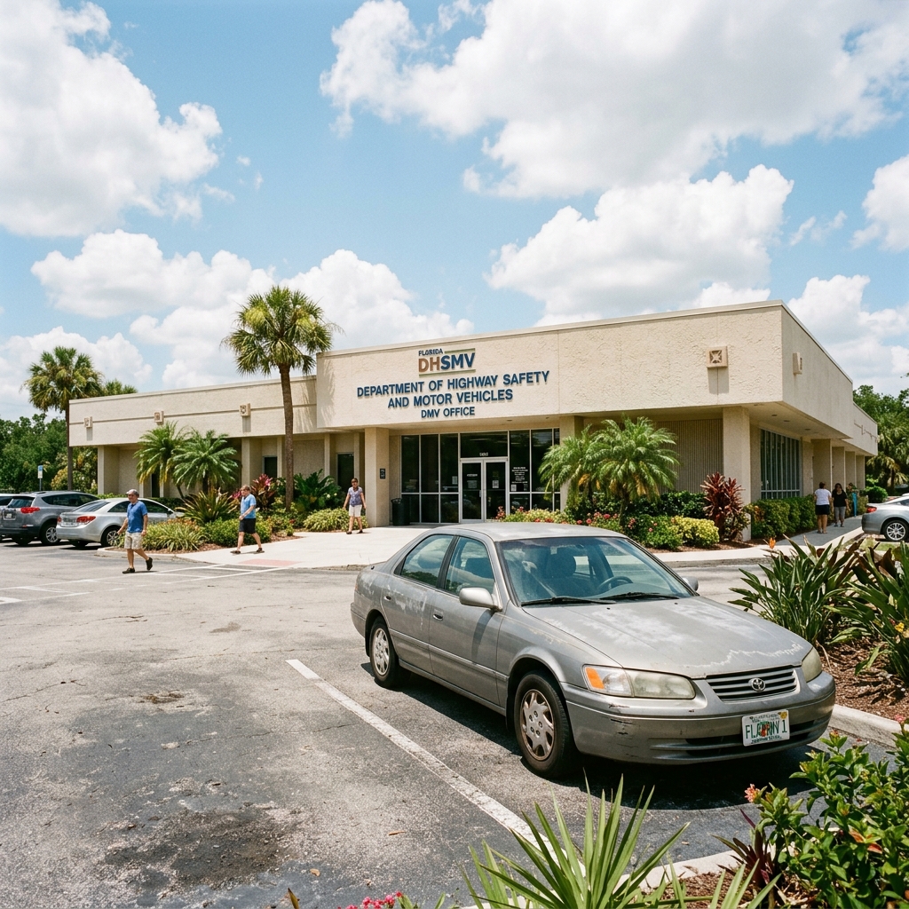 Weathered Toyota Camry parked in front of a Florida DHSMV office with palm trees and subtropical landscaping