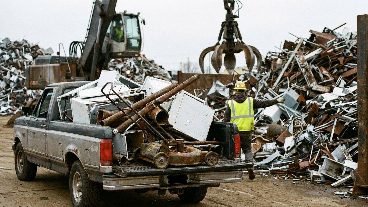 A pickup truck loaded with old appliances, steel pipe and a lawn mower at the unloading area of a scrap metal yard, with a worker in a hi-vis vest pointing