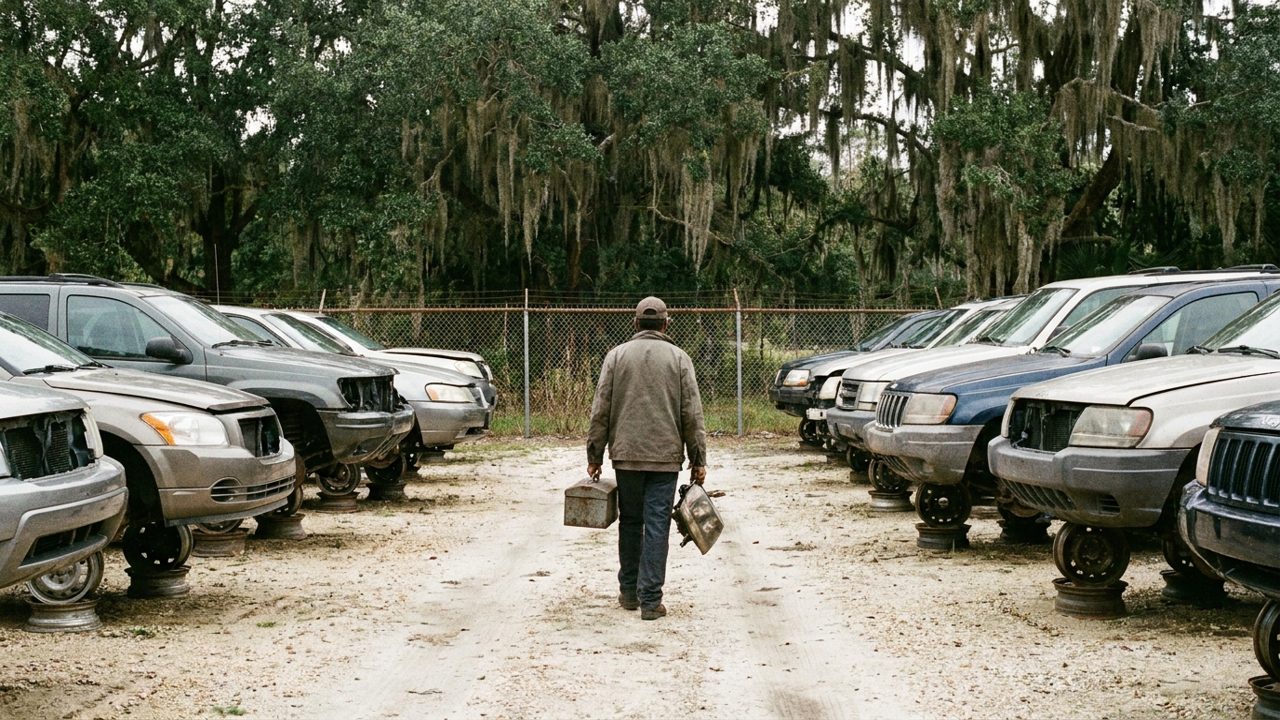 A customer carrying a toolbox and a used headlight between rows of cars on wheel stands at a self-service yard in north Florida, with live oaks and Spanish moss beyond the fence