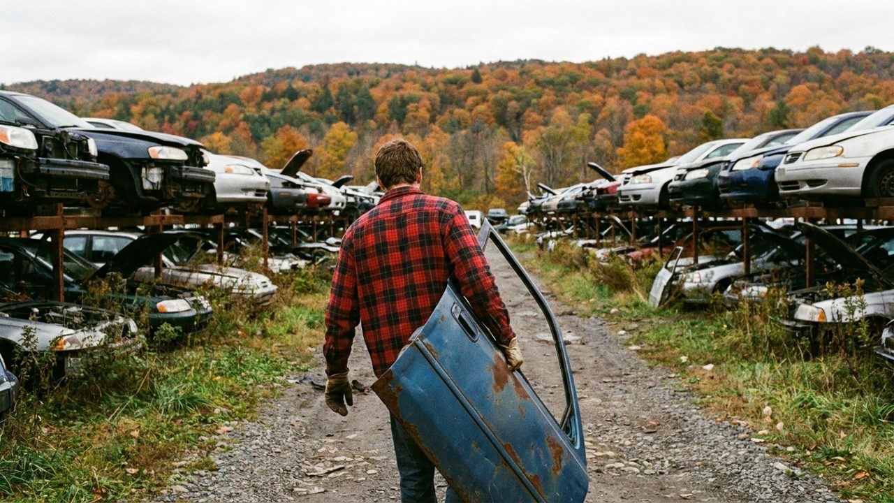 A customer carrying a car door down a gravel aisle between rows of cars at a self-service salvage yard in Pennsylvania in autumn