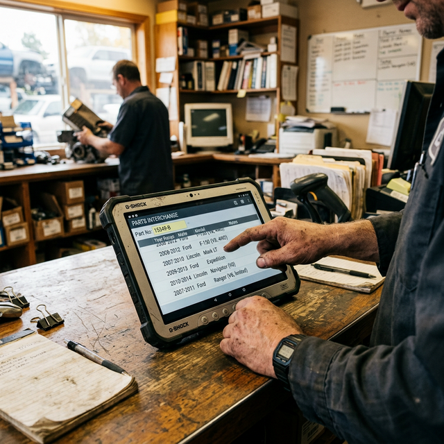 Mechanic using a rugged tablet at a salvage yard counter to look up part interchange compatibility in a database