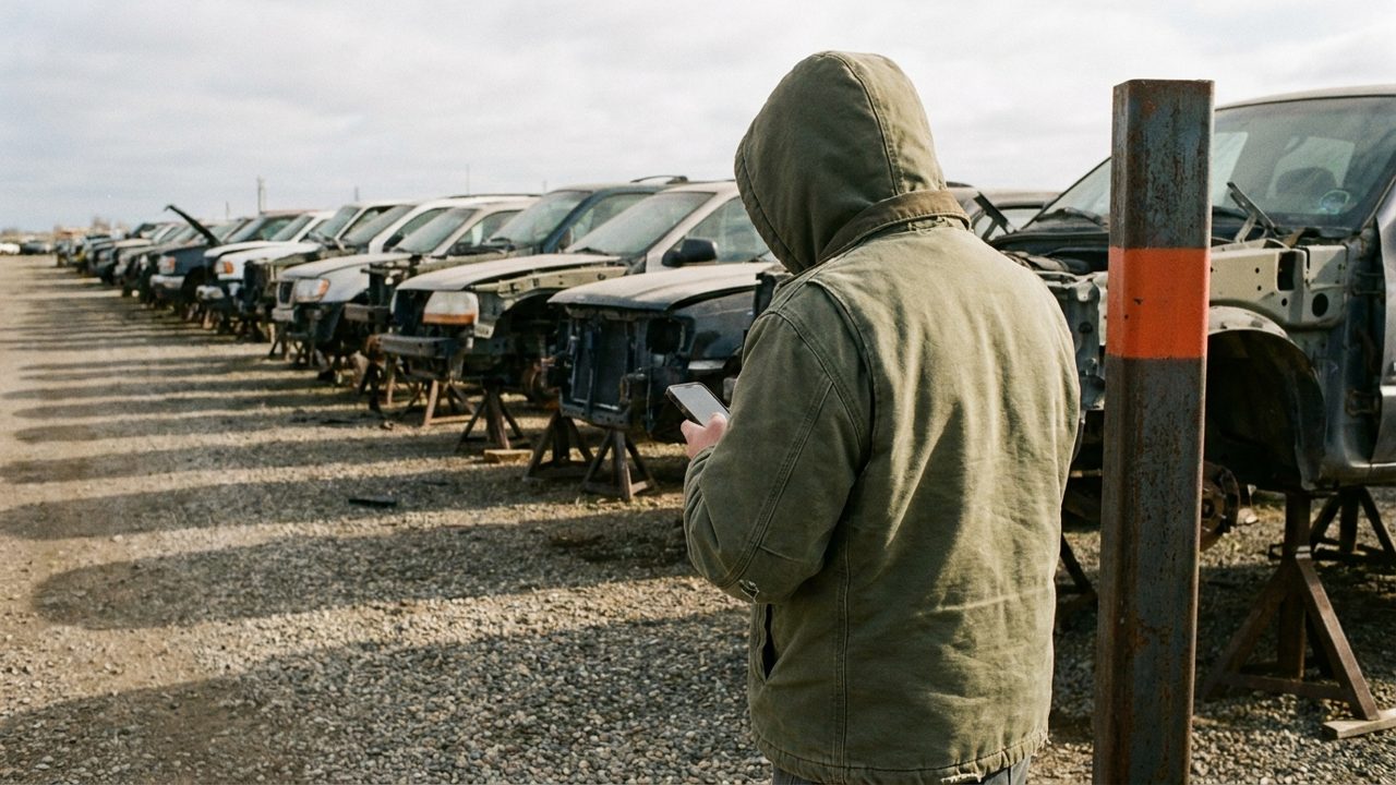 A customer seen from behind holding a phone beside a painted marker post at the end of a row of cars on stands