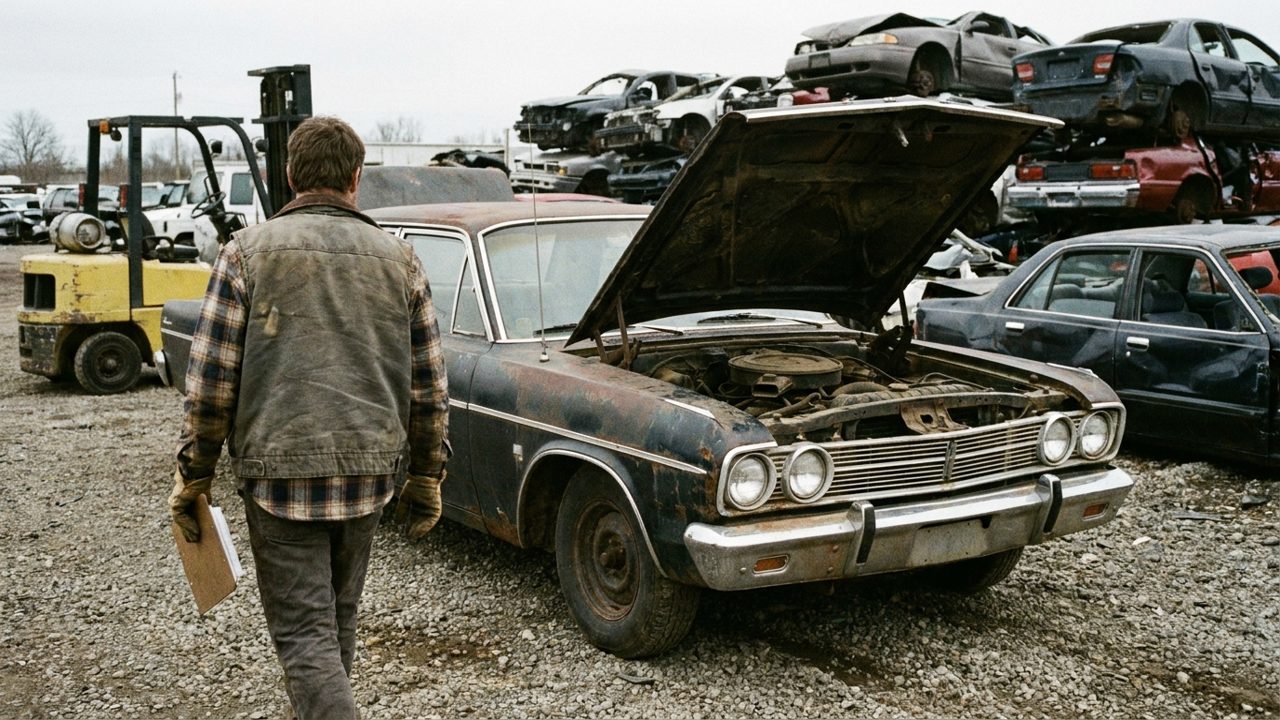 A yard worker seen from behind with a clipboard walking around an old sedan with its hood open at a salvage yard