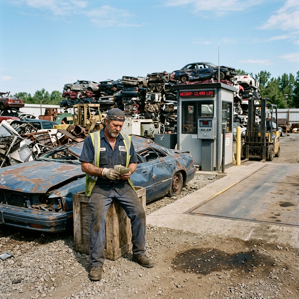 Salvage yard worker counting cash next to a crushed car on a weigh station at a junkyard