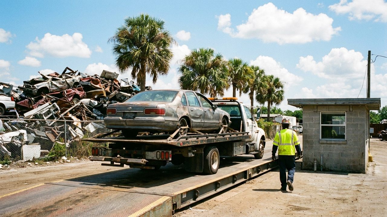 An old sedan on a flatbed tow truck stopped on a truck scale at a scrap yard, with palm trees and a pile of scrap metal behind