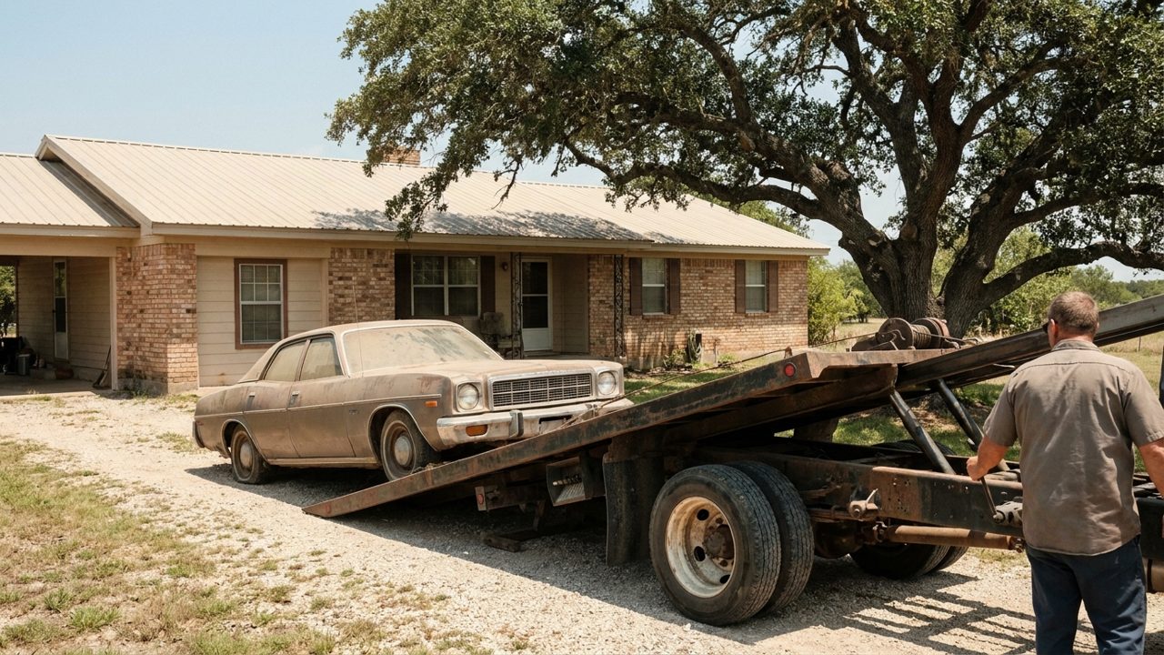A flatbed tow truck with its bed tilted down in front of an old sedan in the driveway of a brick ranch house, with the driver seen from behind
