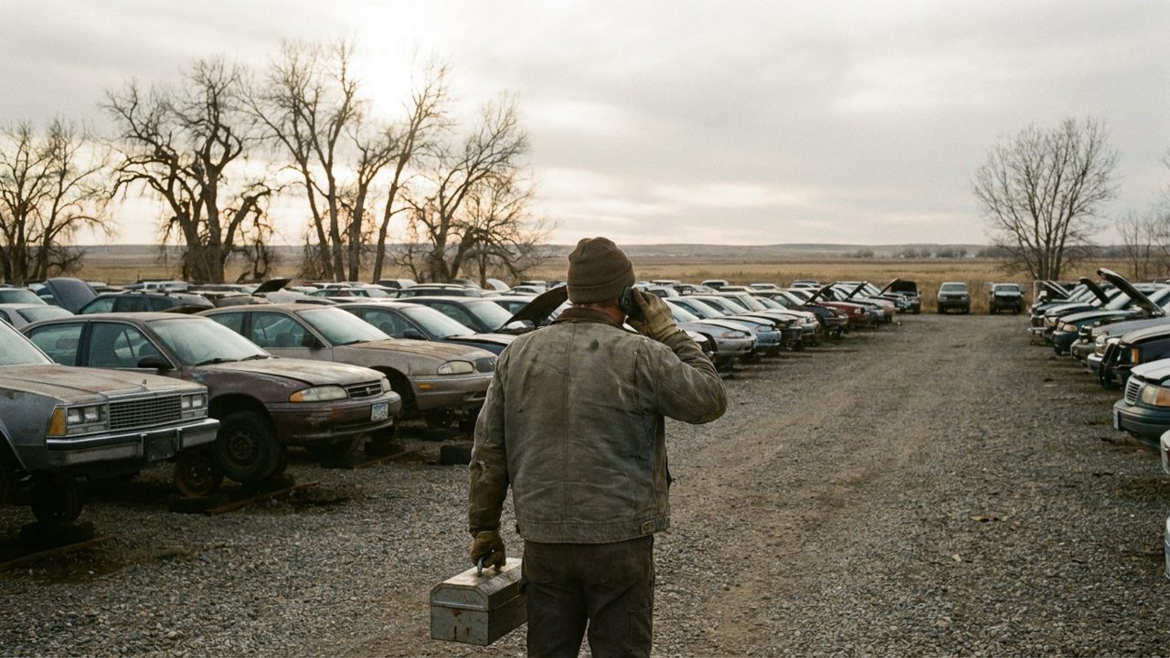 A customer seen from behind at the entrance of a salvage yard holding a phone and a small toolbox, with long rows of cars on stands ahead