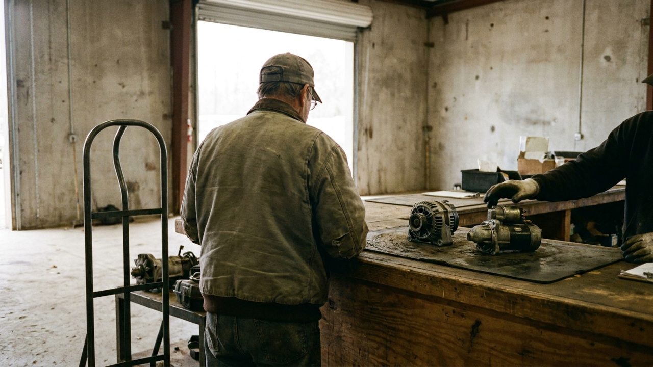 A customer at the checkout counter of a self-service yard with a used alternator and a starter on the counter, seen from behind