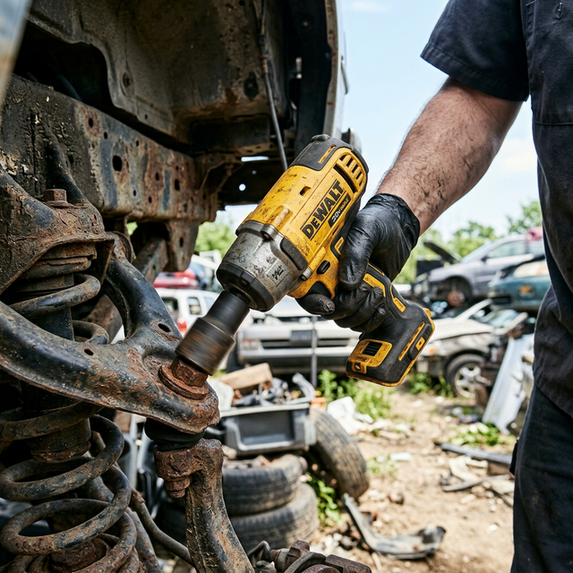 Cordless impact wrench removing a bolt from a vehicle at a junkyard