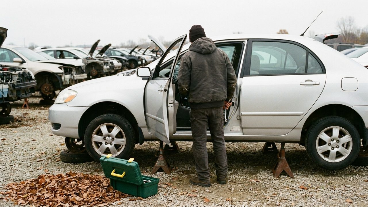 A customer seen from behind holding a wrench at the open front door of a silver sedan on steel stands in a salvage yard, with a toolbox open on the gravel and autumn leaves on the ground