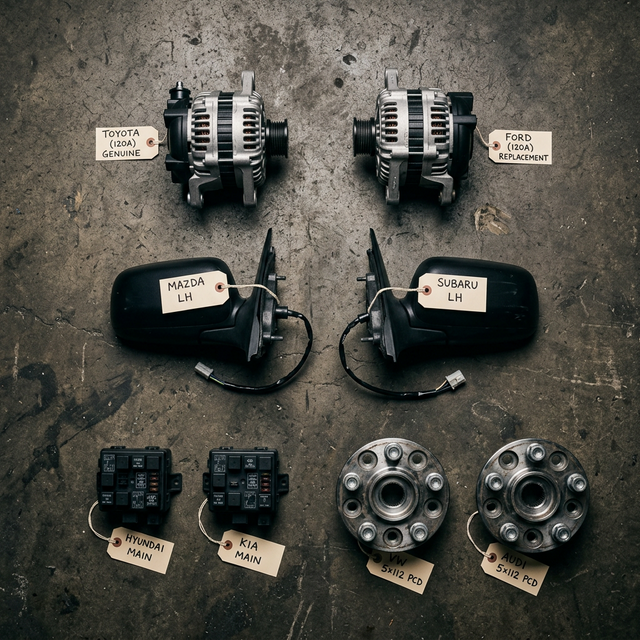 Flat-lay of matching automotive parts from different brands: alternators, side mirrors, relay boxes, and wheel hubs labeled with handwritten tags