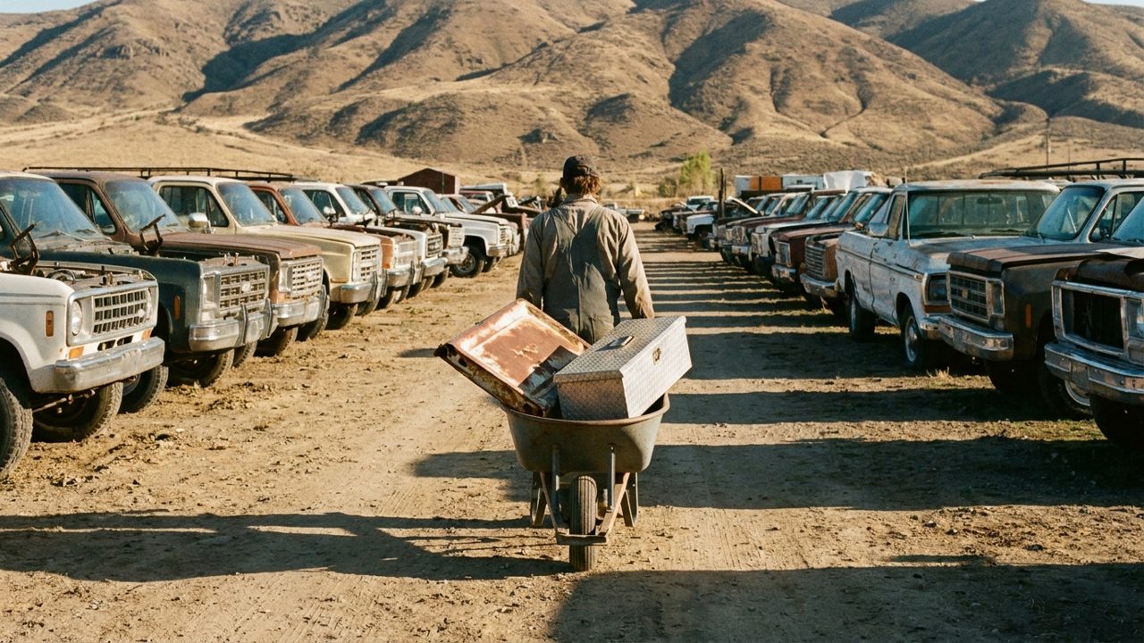 Un cliente empujando una carretilla con una pieza de carrocería oxidada y una caja de herramientas de metal entre filas de camionetas en un yonke, con cerros cafés al fondo