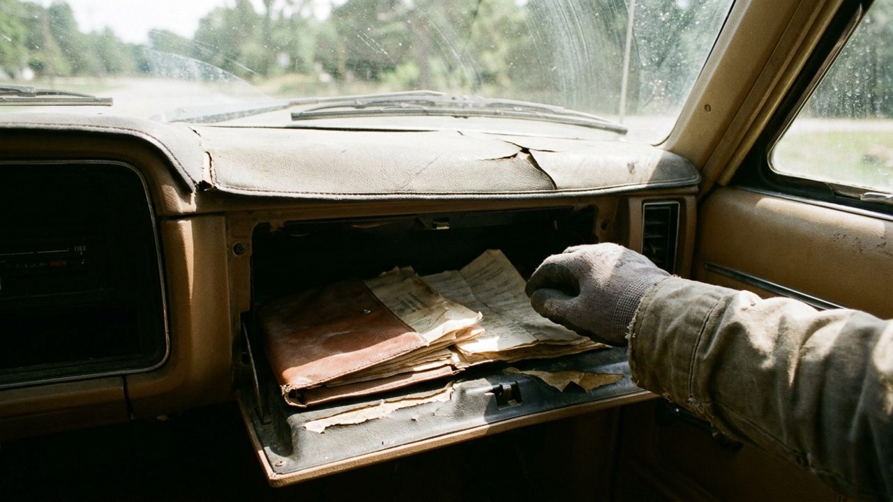 A gloved hand reaching for a worn document wallet and folded papers in the open glove box of an old car