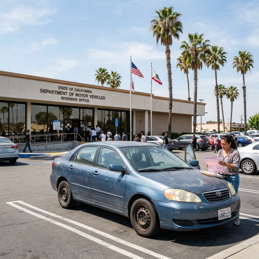 Woman holding vehicle title paperwork next to a worn Toyota sedan at a California DMV office with palm trees in background