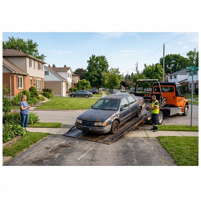 Flatbed tow truck loading an old rusty sedan from a residential driveway while the homeowner watches