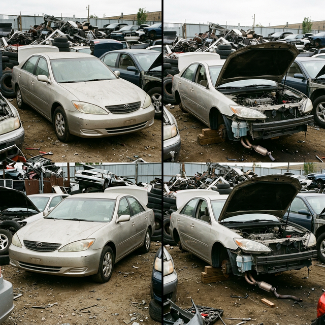 Side-by-side comparison of an intact Toyota Camry versus the same model with hood open and components removed at a junkyard