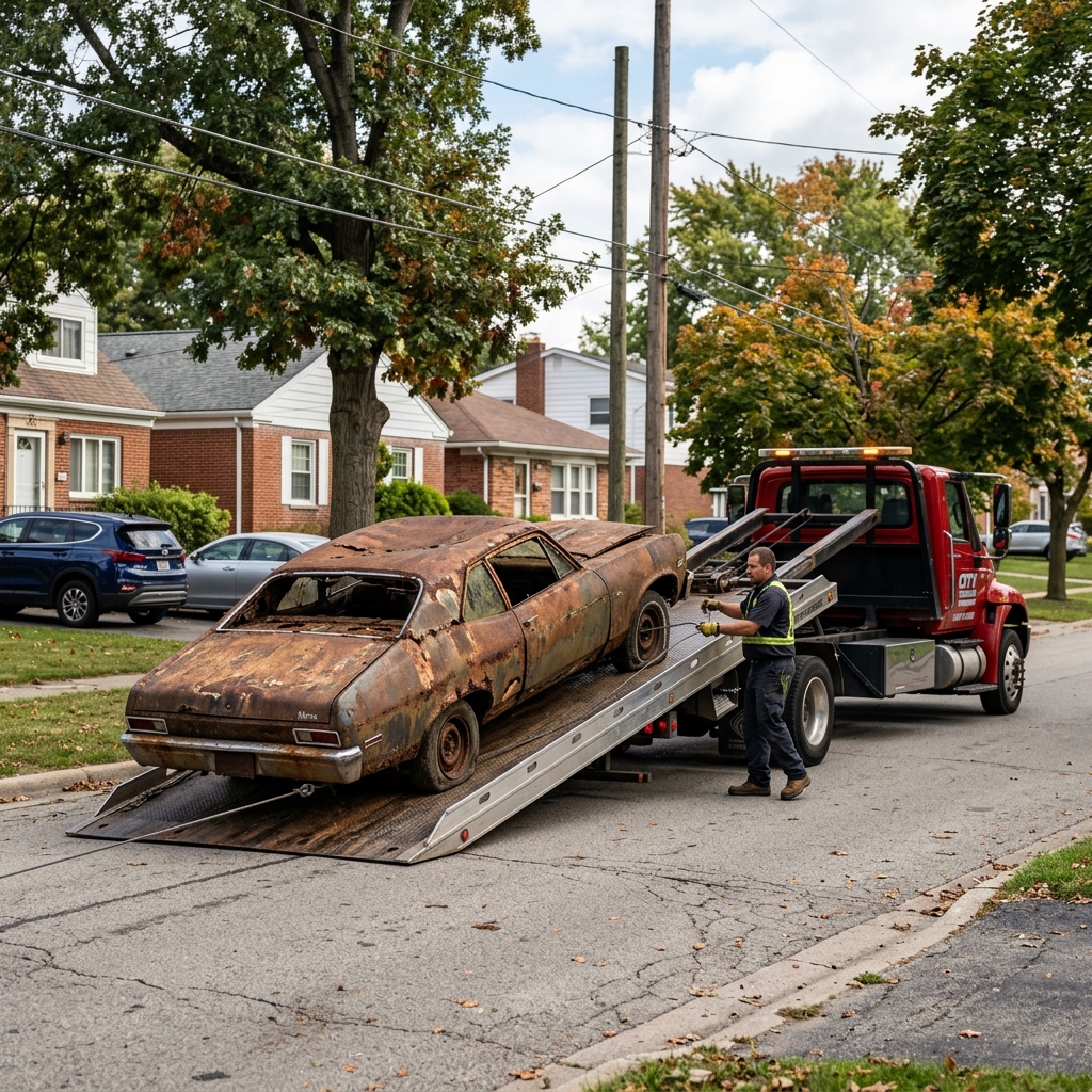 Photorealistic shot of a flatbed tow truck loading a completely rusted junk car from a residential street.