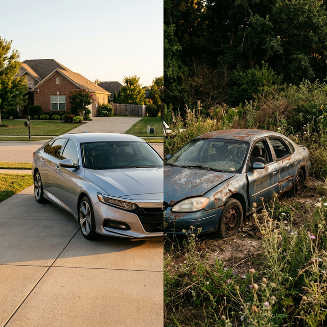 Side-by-side comparison of a clean used car on a driveway versus a rusty junk car abandoned in an overgrown lot