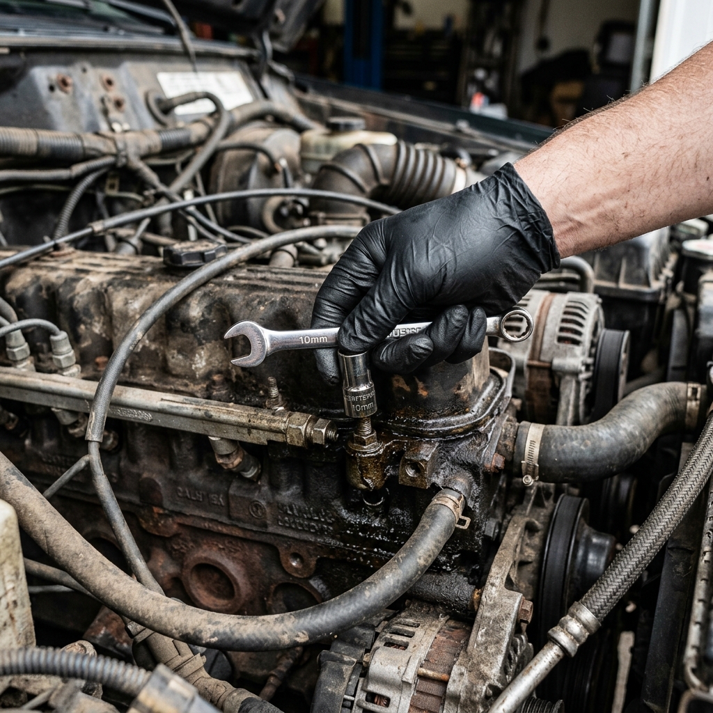 Close-up photorealistic shot of a hand in black nitrile gloves holding a combination wrench and a 10mm socket over a dirty car engine block.
