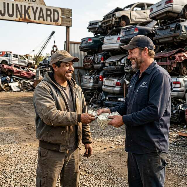 Two men exchanging cash in front of a junkyard with stacked crushed cars in the background